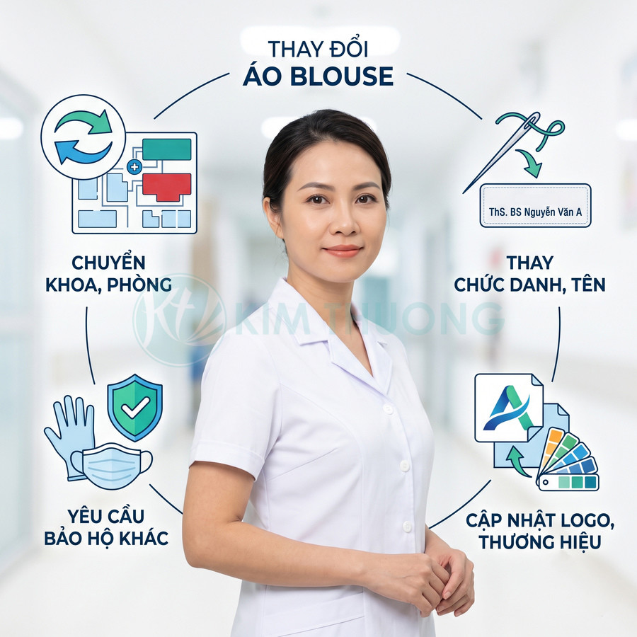 Nữ bác sĩ mặc áo blouse trắng trong bệnh viện với các biểu tượng hướng dẫn thay đổi áo, tên, logo và yêu cầu bảo hộ